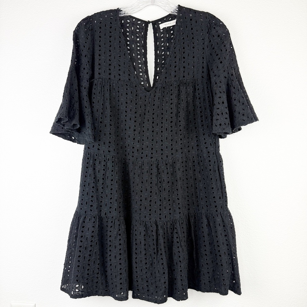 Mustard Seed Black Eyelet Lace Tiered Babydoll Mini Dress V-Neck Bell Sleeve S